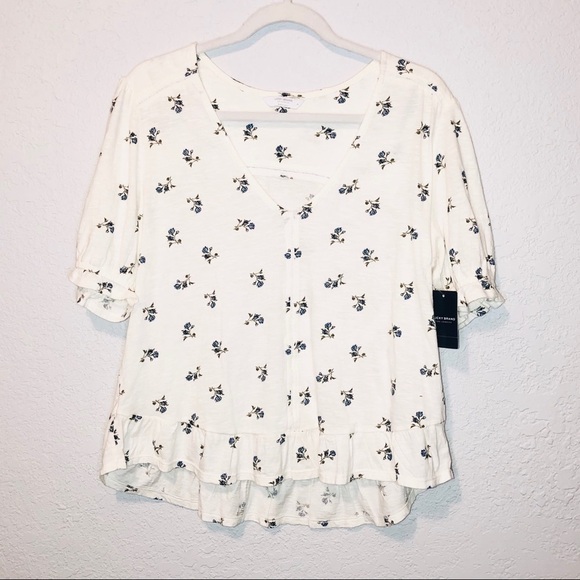 Lucky Brand Tops - NWT Lucky Brand Cream Floral V Neck Ruffle Blouse Size Medium